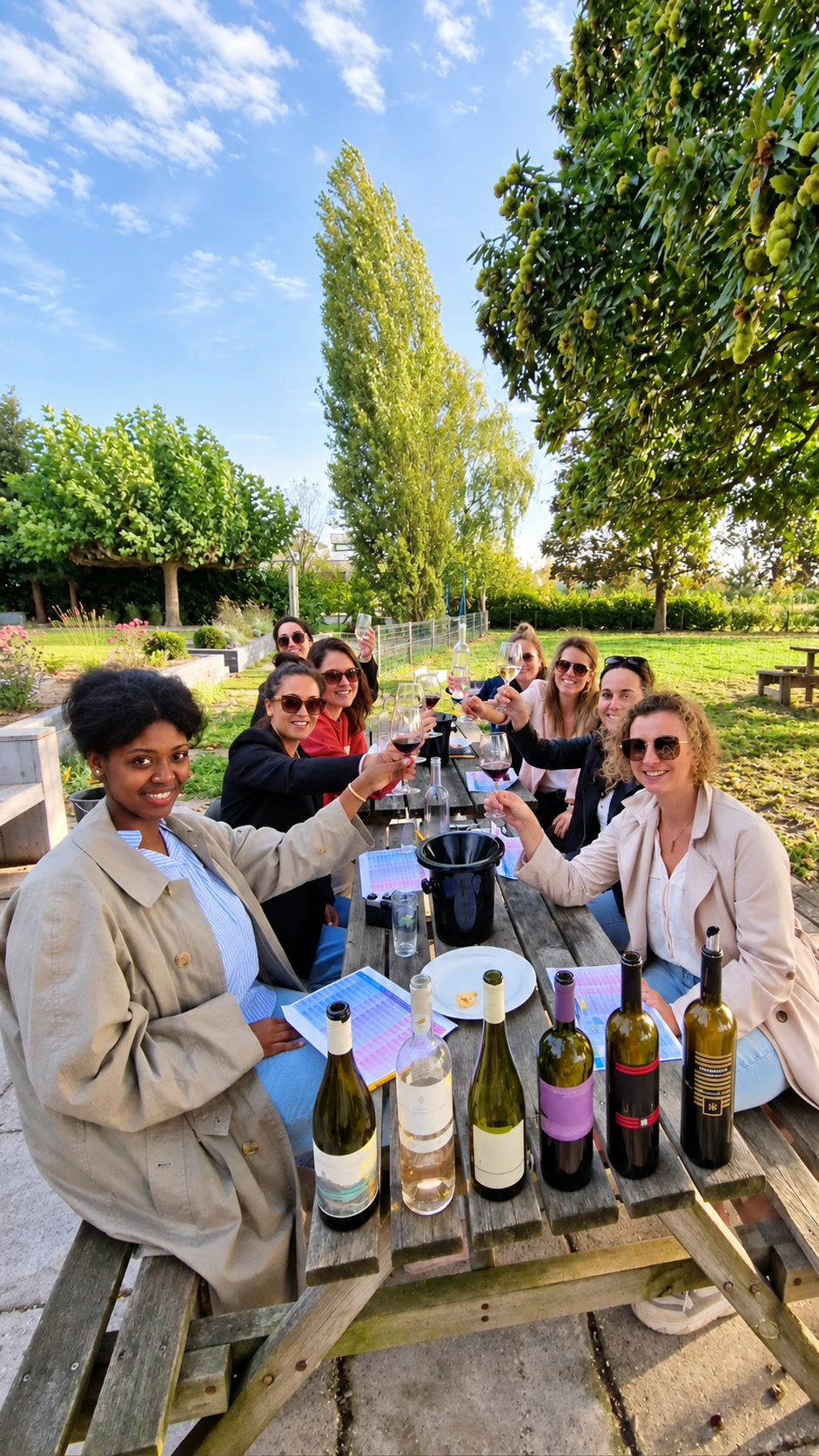 Groep proost met wijn aan de picknicktafel in de tuin