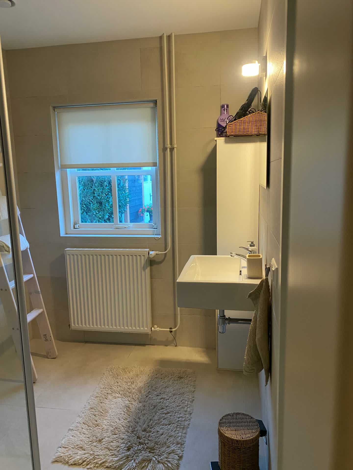 Badkamer met douche en handdoekenladder